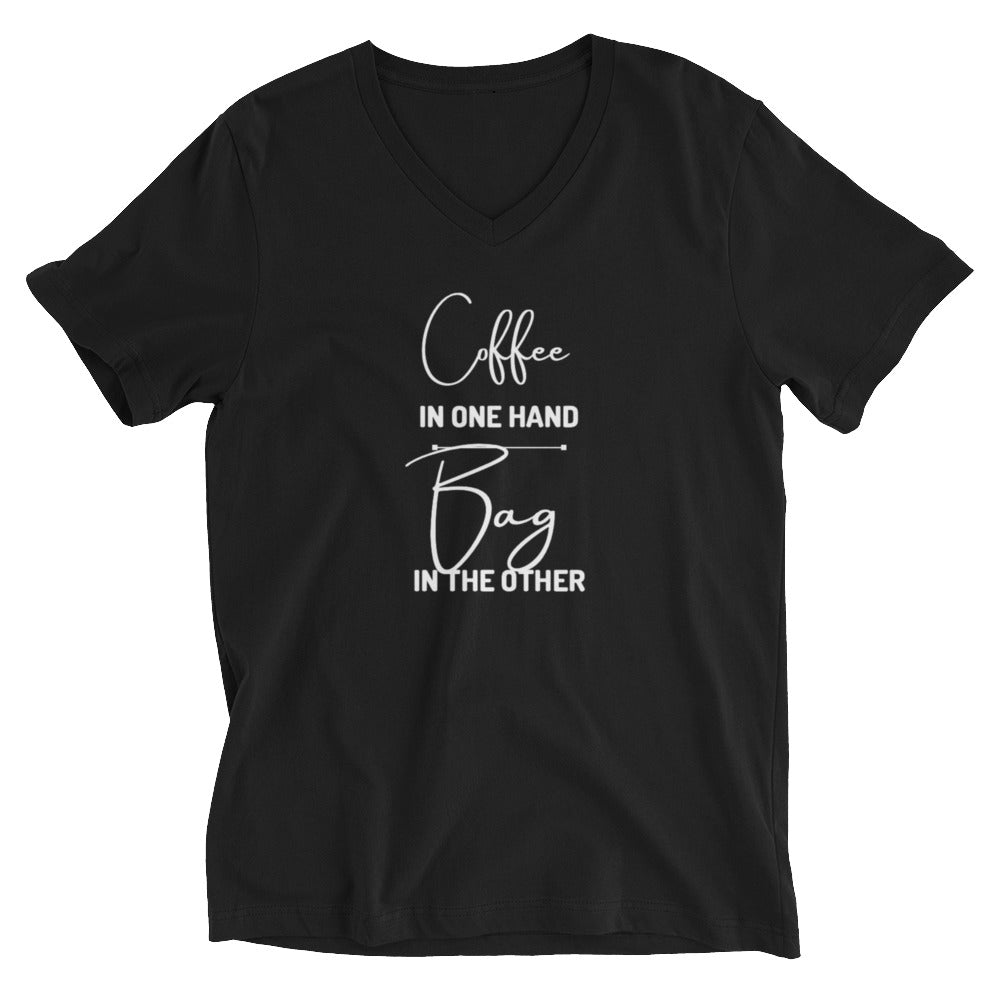 Coffee in One Hand, Bag in the Other, Unisex Short Sleeve V-Neck T-Shirt Kimmiebbags