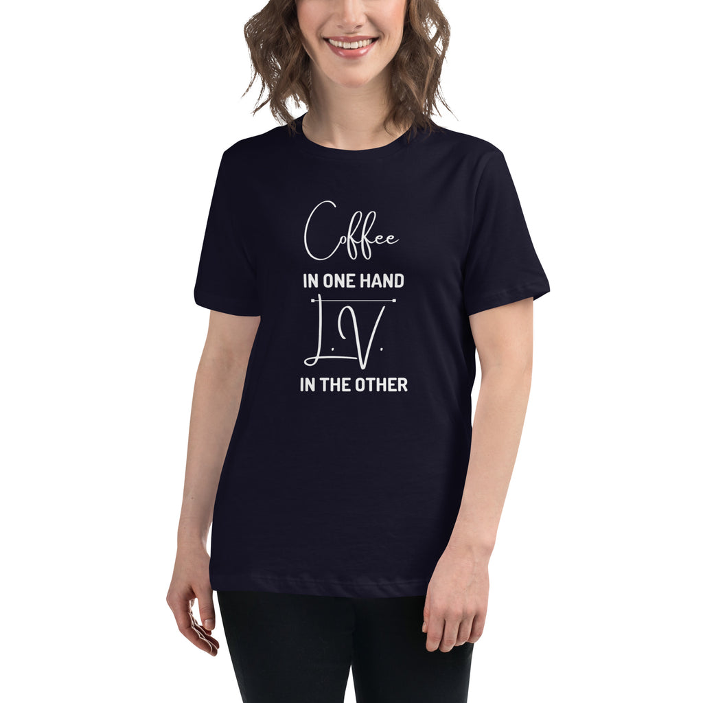 KIMMIEBBAGS Coffee in one hand, Women's Relaxed T-Shirt